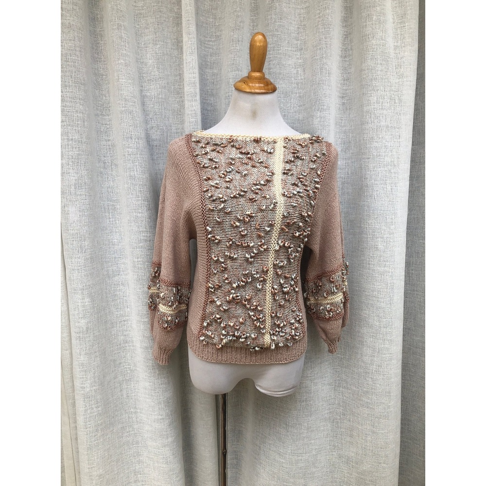 Knitted Sweater beige gray & brown Decorative Yarn Detail and Raglan Puff Sleeve